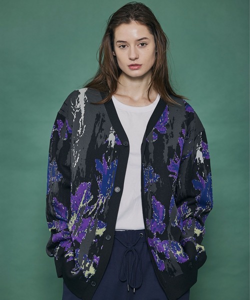 【Ameno Auro/アメノアウロ】ウォッシャブルアブストラクトフラワーカーディガン