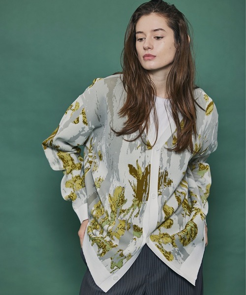 【Ameno Auro/アメノアウロ】ウォッシャブルアブストラクトフラワーカーディガン