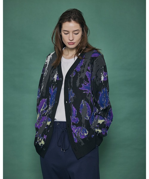 【Ameno Auro/アメノアウロ】ウォッシャブルアブストラクトフラワーカーディガン