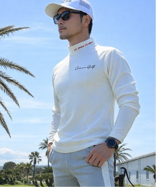 COMON GOLF(コモンゴルフ)の「柔らかいエアーポンチジャージ素材 長袖モックネック ゴルフシャツ(Tシャツ/カットソー・メンズ・ブラック/ピンク/ホワイト・M/L/XL/XXL)」の2枚目の写真