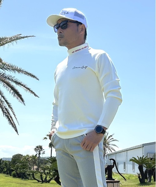 柔らかいエアーポンチジャージ素材 長袖モックネック ゴルフ