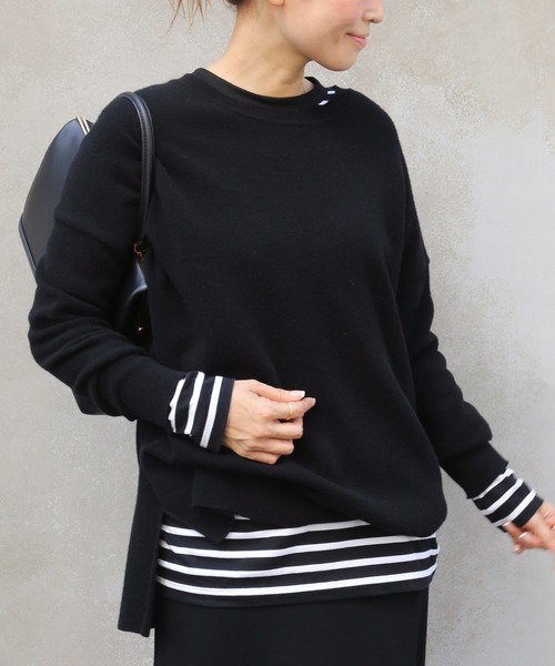 deuxieme classe黒の長袖ニットトップス