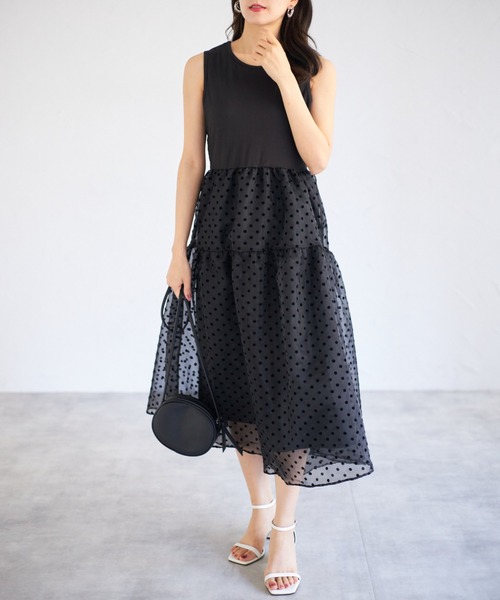 tocco closet（トッコ　クローゼット）の「【ZOZO限定】ドットチュールドッキングワンピース（ワンピース・レディース・ベージュ/ブラック・M）」の3枚目の写真