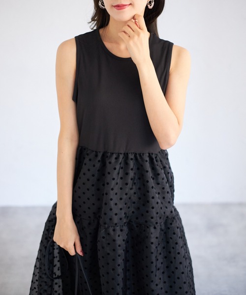 tocco closet（トッコ　クローゼット）の「【ZOZO限定】ドットチュールドッキングワンピース（ワンピース・レディース・ベージュ/ブラック・M）」の6枚目の写真