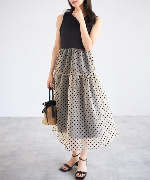 tocco closet（トッコ　クローゼット）の「【ZOZO限定】ドットチュールドッキングワンピース（ワンピース・レディース・ベージュ/ブラック・M）」の13枚目の写真