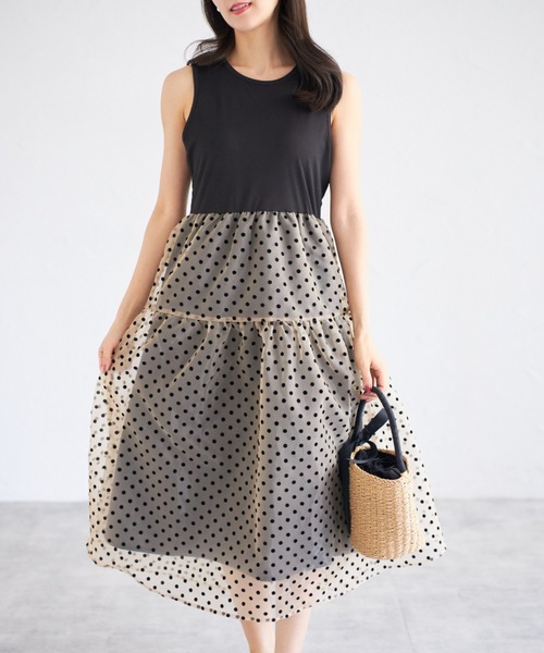 tocco closet（トッコ　クローゼット）の「【ZOZO限定】ドットチュールドッキングワンピース（ワンピース・レディース・ベージュ/ブラック・M）」の16枚目の写真