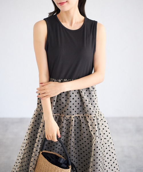 tocco closet（トッコ　クローゼット）の「【ZOZO限定】ドットチュールドッキングワンピース（ワンピース・レディース・ベージュ/ブラック・M）」の19枚目の写真
