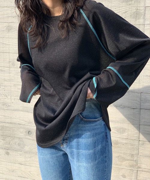 mi via loca(ミヴィアロカ)の「シアーラメ配色ステッチプルオーバー(Tシャツ/カットソー・レディース・ブラック×シルバー/ブラック×ブラック/グレー・FREE)」の5枚目の写真