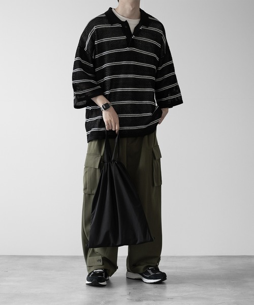 RUUBON（ルーボン）の「【RUUBON】border mesh knit polo / ボーダーメッシュニットポロ（ポロシャツ・メンズ・ブラック/ホワイト・L/M/S）」の4枚目の写真