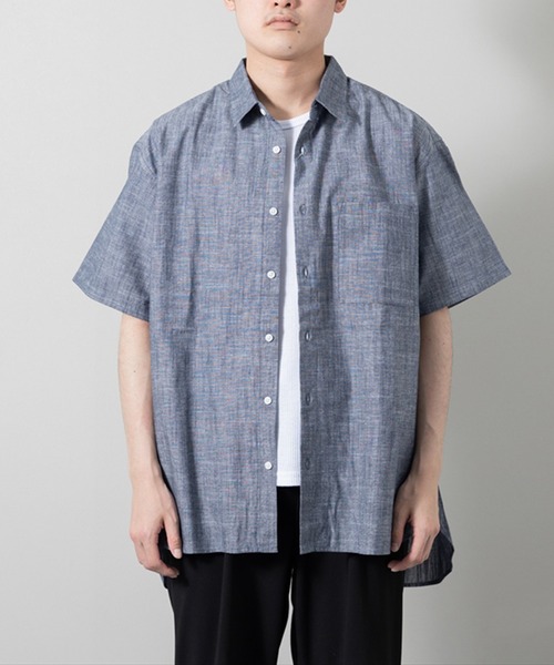 STYLEBLOCK（スタイルブロック）の「シャンブレー半袖シャツ(BIGシルエット)（シャツ/ブラウス・メンズ・ベージュ/ネイビー/ホワイト・M/L）」の3枚目の写真