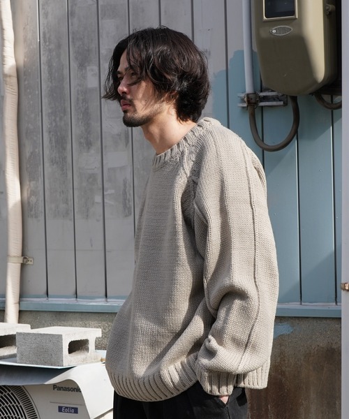 ハンド編みライク アウトリンキング ラグランスリーブ クルーネック