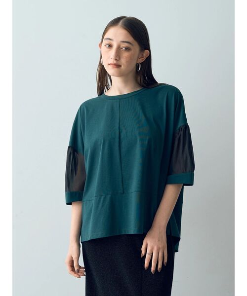 Editt by YECCA VECCA（エディットバイイェッカヴェッカ）の「シアーMIX7分袖プルオーバー（Tシャツ/カットソー・レディース・ブラック/ホワイト/グリーン・FREE）」の16枚目の写真