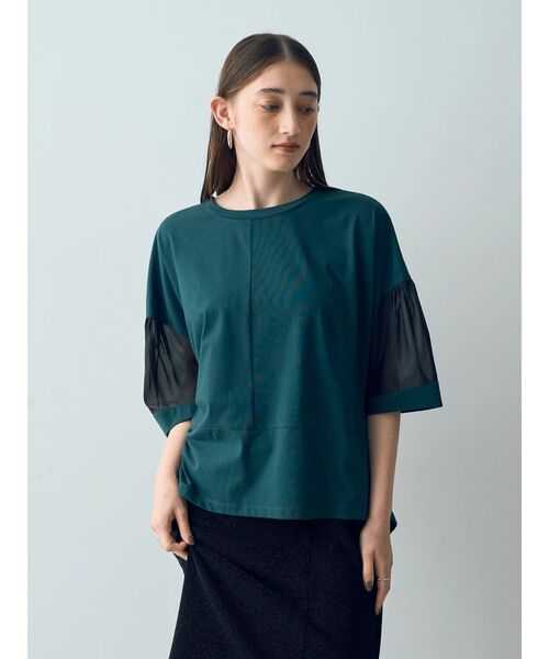 Editt by YECCA VECCA（エディットバイイェッカヴェッカ）の「シアーMIX7分袖プルオーバー（Tシャツ/カットソー・レディース・ブラック/ホワイト/グリーン・FREE）」の17枚目の写真