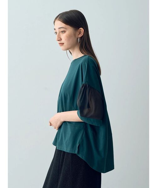 Editt by YECCA VECCA（エディットバイイェッカヴェッカ）の「シアーMIX7分袖プルオーバー（Tシャツ/カットソー・レディース・ブラック/ホワイト/グリーン・FREE）」の18枚目の写真
