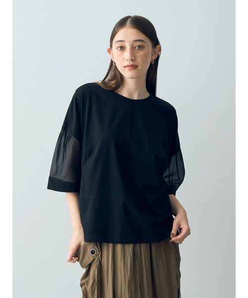 Editt by YECCA VECCA（エディットバイイェッカヴェッカ）の「シアーMIX7分袖プルオーバー（Tシャツ/カットソー・レディース・ブラック/ホワイト/グリーン・FREE）」の6枚目の写真