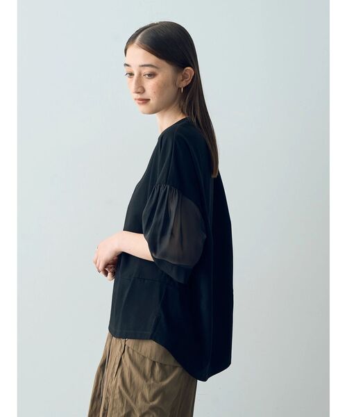 Editt by YECCA VECCA（エディットバイイェッカヴェッカ）の「シアーMIX7分袖プルオーバー（Tシャツ/カットソー・レディース・ブラック/ホワイト/グリーン・FREE）」の7枚目の写真