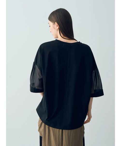 Editt by YECCA VECCA（エディットバイイェッカヴェッカ）の「シアーMIX7分袖プルオーバー（Tシャツ/カットソー・レディース・ブラック/ホワイト/グリーン・FREE）」の9枚目の写真