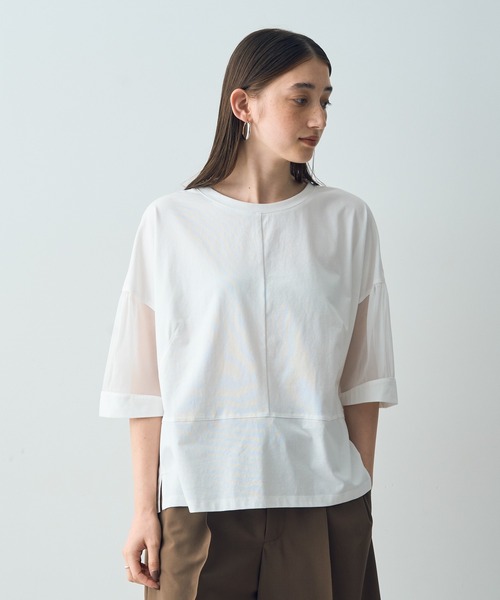 Editt by YECCA VECCA（エディットバイイェッカヴェッカ）の「シアーMIX7分袖プルオーバー（Tシャツ/カットソー・レディース・ブラック/ホワイト/グリーン・FREE）」の2枚目の写真