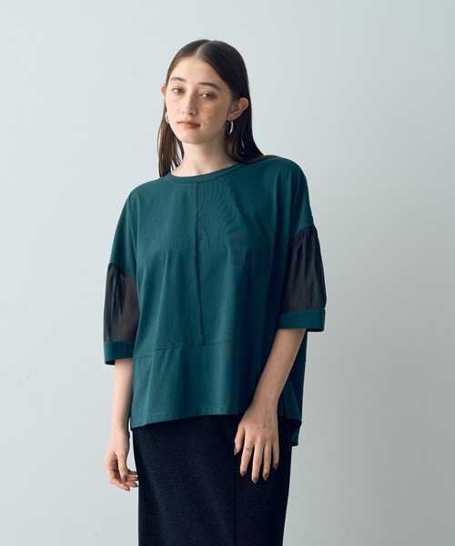Editt by YECCA VECCA（エディットバイイェッカヴェッカ）の「シアーMIX7分袖プルオーバー（Tシャツ/カットソー・レディース・ブラック/ホワイト/グリーン・FREE）」の3枚目の写真