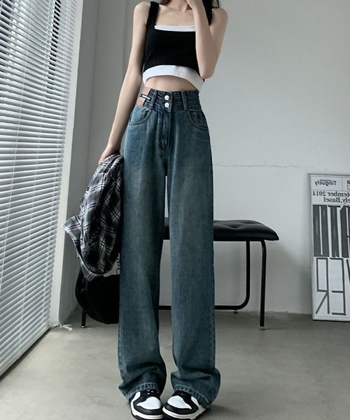 INASTUDIOS(イーナストゥディオス)の「クラシックハイウエスト ワイドデニムパンツ(デニムパンツ・レディース・ブルー/ブラック/ダークインディゴブルー/ライトインディゴブルー・SMALL/MEDIUM/LARGE)」の1枚目の写真