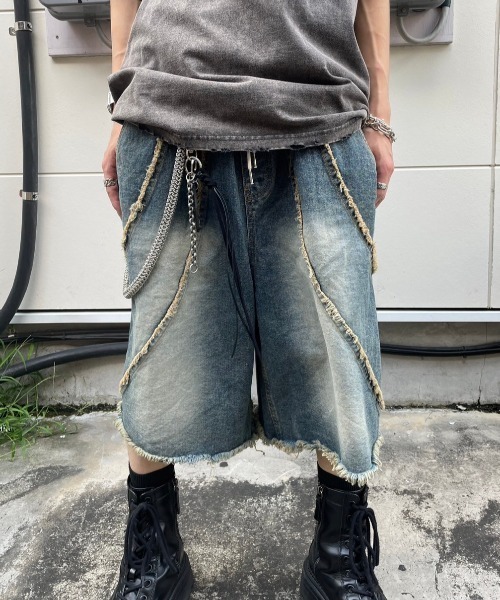 ストリート 韓国 加工デニム ハーフパンツ XU（エックスユー）の「ストリートファッション XU エックスユー