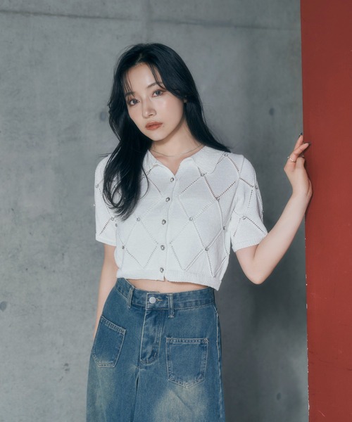 ANDGEEBEE（アンジービー）の「ダイヤパターンニットトップス（ニット/セーター・レディース・アイボリー/グレー・FREE）」の2枚目の写真