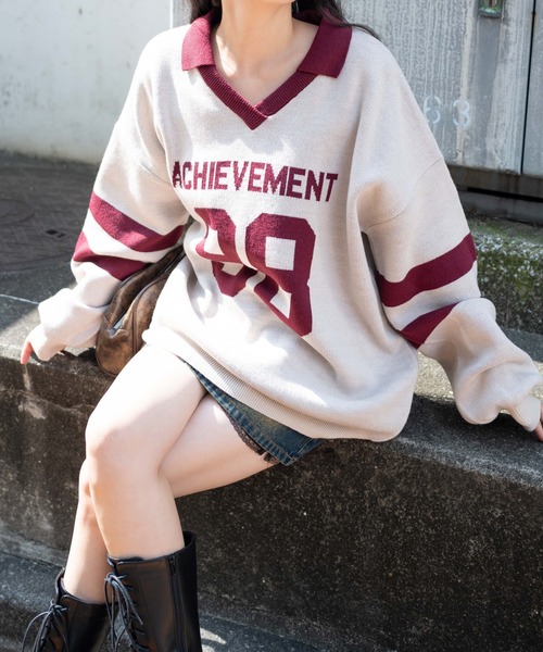 WEGO(ウィゴー)の「WEGO/ナンバリングジャガードニット(ニット/セーター・レディース・グリーン/ワイン/ネイビー・FREE)」の11枚目の写真