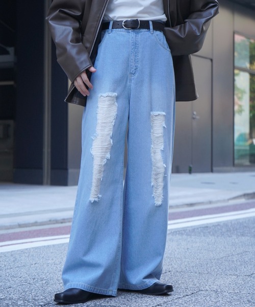 24AW ヴィンテージメイク ダメージ加工 ケミカルウォッシュ加工 ワイドストレートデニムパンツ【Confirm】（デニムパンツ）｜Confirm（コンファーム）