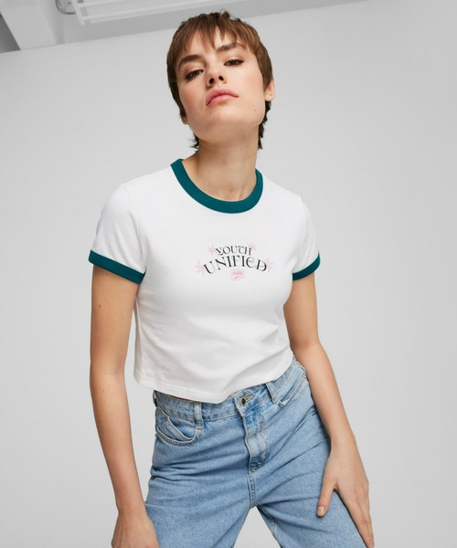 PUMA（プーマ）の「PUMA プーマ ウィメンズ ダウンタウン グラフィック ベビー 半袖 Tシャツ（Tシャツ/カットソー・レディース・ライトグレー/ホワイト・LARGE/MEDIUM/X-LARGE/SMALL）」の2枚目の写真