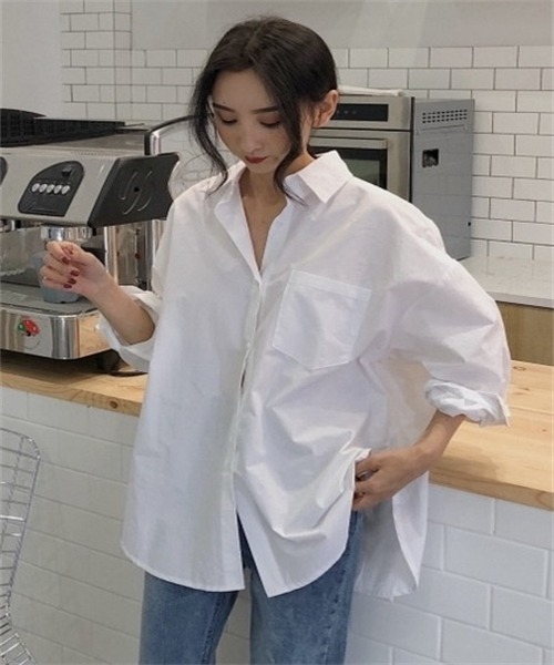 FREE STYLISTS(フリー スタイリスト)の「ゆったりサイズロングスリーブシャツ(シャツ/ブラウス・レディース・ピンク/ホワイト・FREE)」の7枚目の写真