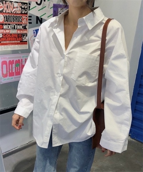 FREE STYLISTS(フリー スタイリスト)の「ゆったりサイズロングスリーブシャツ(シャツ/ブラウス・レディース・ピンク/ホワイト・FREE)」の5枚目の写真