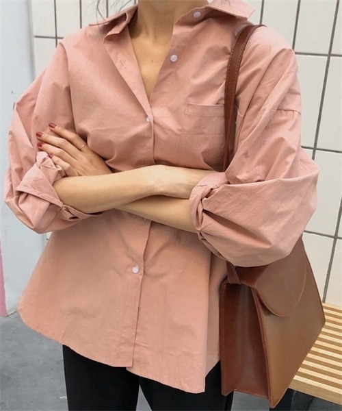 FREE STYLISTS(フリー スタイリスト)の「ゆったりサイズロングスリーブシャツ(シャツ/ブラウス・レディース・ピンク/ホワイト・FREE)」の10枚目の写真