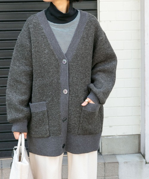 FORK&SPOON(フォークアンドスプーン)の「FORK&SPOON ブークレ接結カーディガン(カーディガン/ボレロ・レディース・モカ/チャコールグレー・1)」の1枚目の写真