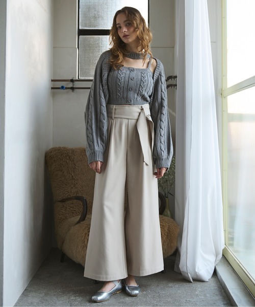 loin nuit(ロワンニュイ)の「waist belt wide pants / ウエストベルトワイドパンツ(スラックス・レディース・グレー/アイボリー・FREE)」の3枚目の写真