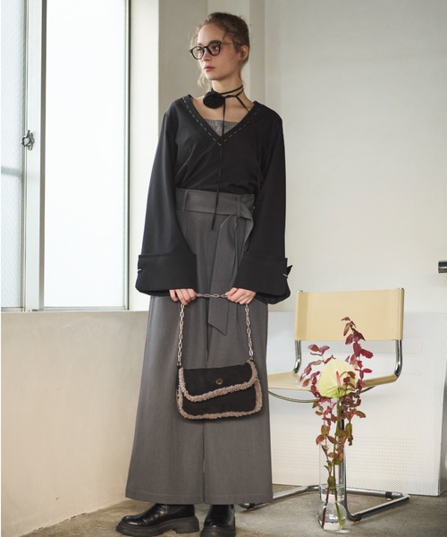 loin nuit(ロワンニュイ)の「waist belt wide pants / ウエストベルトワイドパンツ(スラックス・レディース・グレー/アイボリー・FREE)」の15枚目の写真