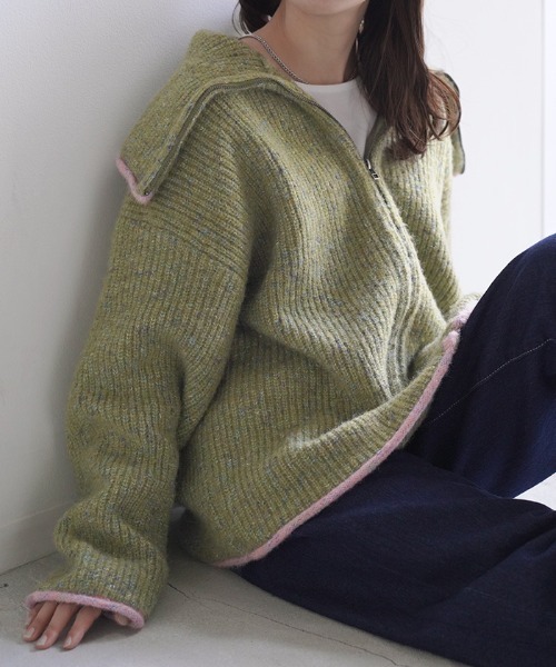 HUG.U(ハグユー)の「配色 ZIP ニットパーカー(ニット/セーター・レディース・カーキ/ブラウン/ブラック・FREE)」の6枚目の写真