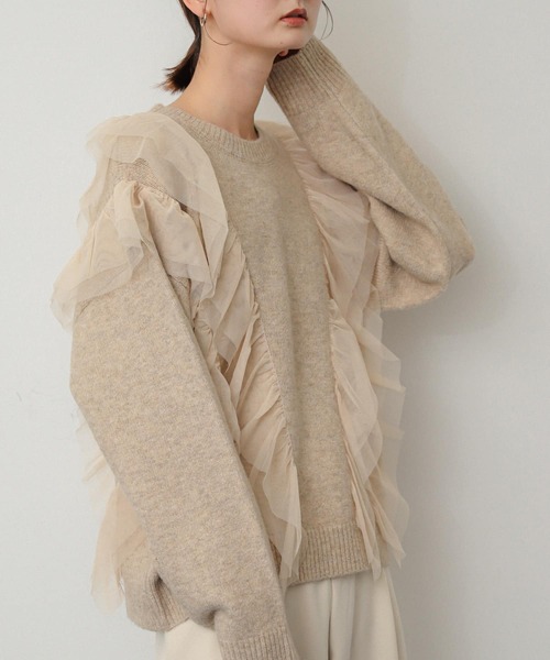 SENSE OF PLACE by URBAN RESEARCH(センスオブプレイスバイアーバンリサーチ)の「チュールドッキングフリルセーター(ニット/セーター・レディース・ブルー/チャコールグレー/ベージュ・ONE)」の3枚目の写真
