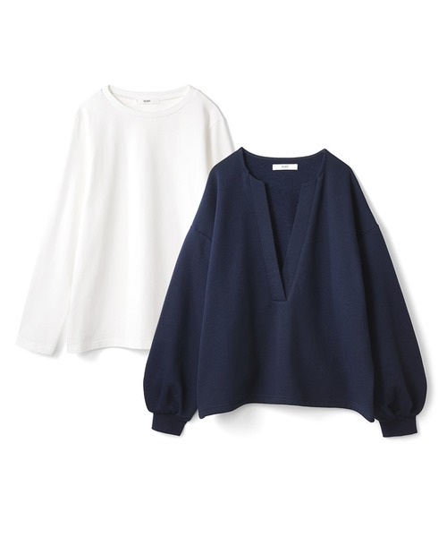 IEDIT（イディット）の「ＩＥＤＩＴ　裏起毛キーネックスウェットとロンＴのレイヤードセット（スウェット・レディース・ネイビー/ライトベージュ・M/L/LL/3L/S/4L）」の4枚目の写真