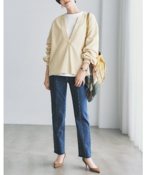 IEDIT（イディット）の「ＩＥＤＩＴ　裏起毛キーネックスウェットとロンＴのレイヤードセット（スウェット・レディース・ネイビー/ライトベージュ・M/L/LL/3L/S/4L）」の14枚目の写真