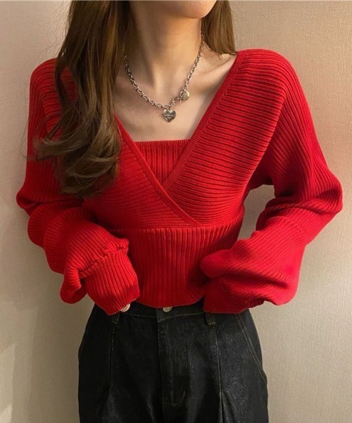 Coo+i(クーイ)の「レイヤード風ドルマンニット(ニット/セーター・レディース・ブラック/ホワイト/ブラウン/ピンク・FREE)」の6枚目の写真