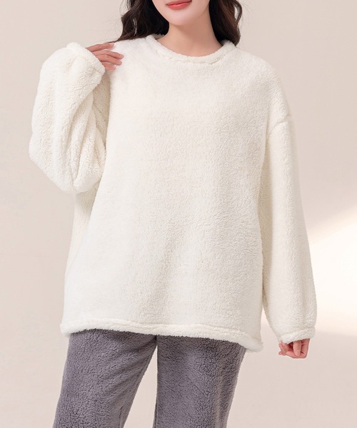 レディース 長袖淡色バイカラーふんわりボアルームウェア 上下2点