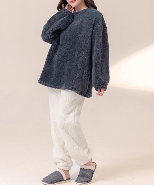 レディース 長袖淡色バイカラーふんわりボアルームウェア 上下2点