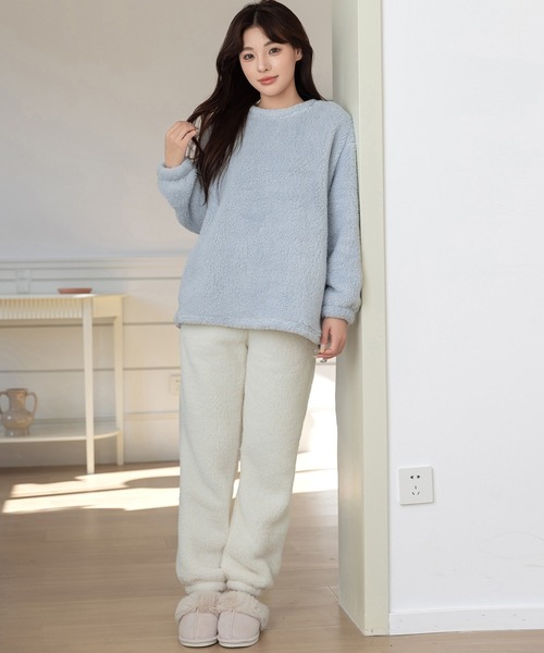 レディース 長袖淡色バイカラーふんわりボアルームウェア 上下2点