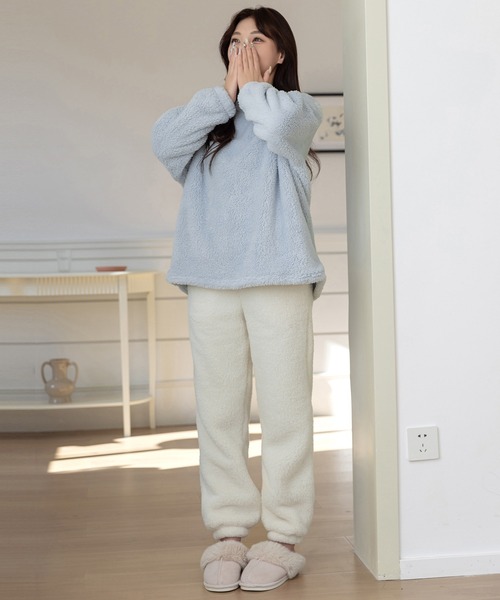 レディース 長袖淡色バイカラーふんわりボアルームウェア 上下2点
