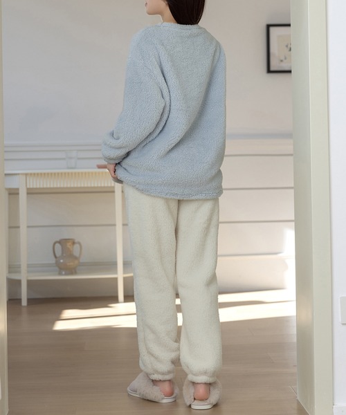 レディース 長袖淡色バイカラーふんわりボアルームウェア 上下2点