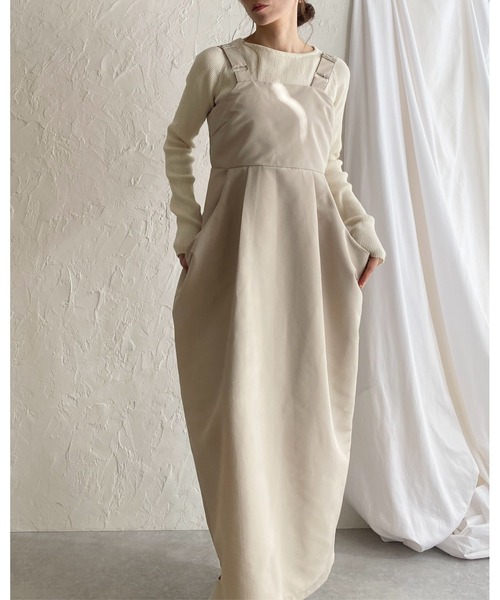 She's Closet（シーズクローゼット）の「ハイウエストタックサイドポケットロングジャンパースカートワンピース（ジャンパースカート・レディース・アイボリー/カーキ/ブラック・FREE）」の2枚目の写真
