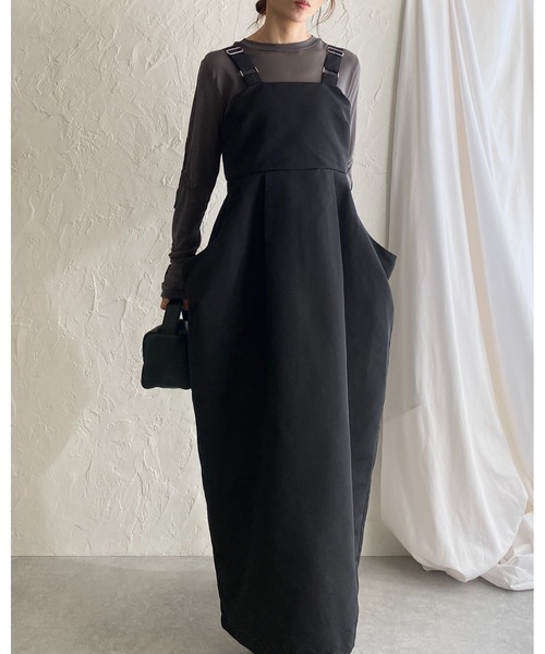 She's Closet（シーズクローゼット）の「ハイウエストタックサイドポケットロングジャンパースカートワンピース（ジャンパースカート・レディース・アイボリー/カーキ/ブラック・FREE）」の6枚目の写真