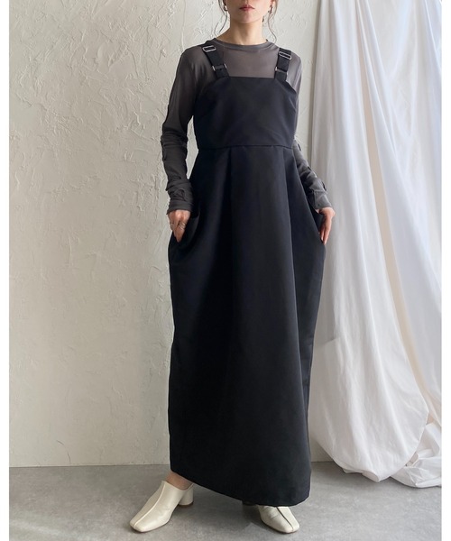 She's Closet（シーズクローゼット）の「ハイウエストタックサイドポケットロングジャンパースカートワンピース（ジャンパースカート・レディース・アイボリー/カーキ/ブラック・FREE）」の8枚目の写真