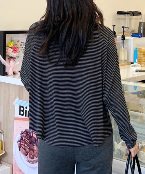 aimoha(アイモハ)の「ボーダーヘンリーネック長袖Tシャツ(Tシャツ/カットソー・レディース・ブラック/ホワイト/チョコ・FREE)」の16枚目の写真