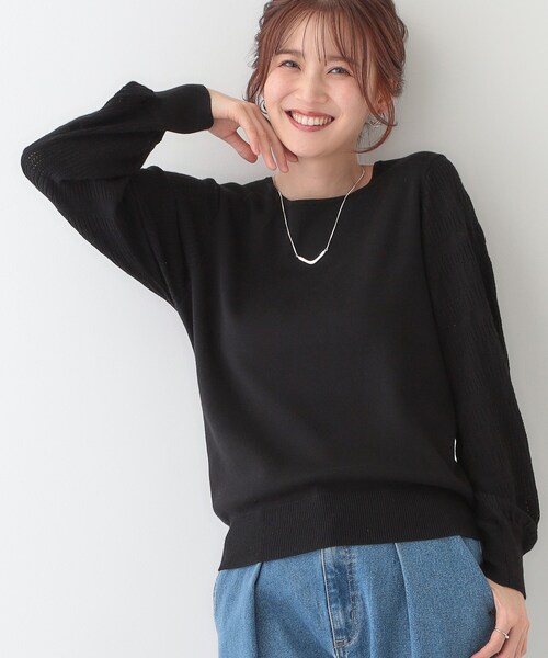DRESKIP（ドレスキップ）の「【S-LL】大人の上品コーデに お袖編み地切替 デザインニット（ニット/セーター・レディース・オフホワイト/ブラック/ライトベージュ/ブルー・01/02/03/04）」の2枚目の写真